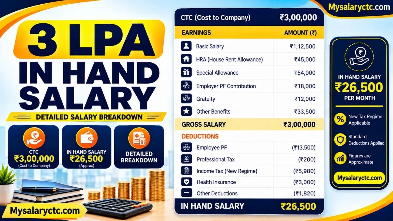 3 LPA In-Hand Salary = ₹21,000–₹24,000/month 2026 (CTC & Tax)