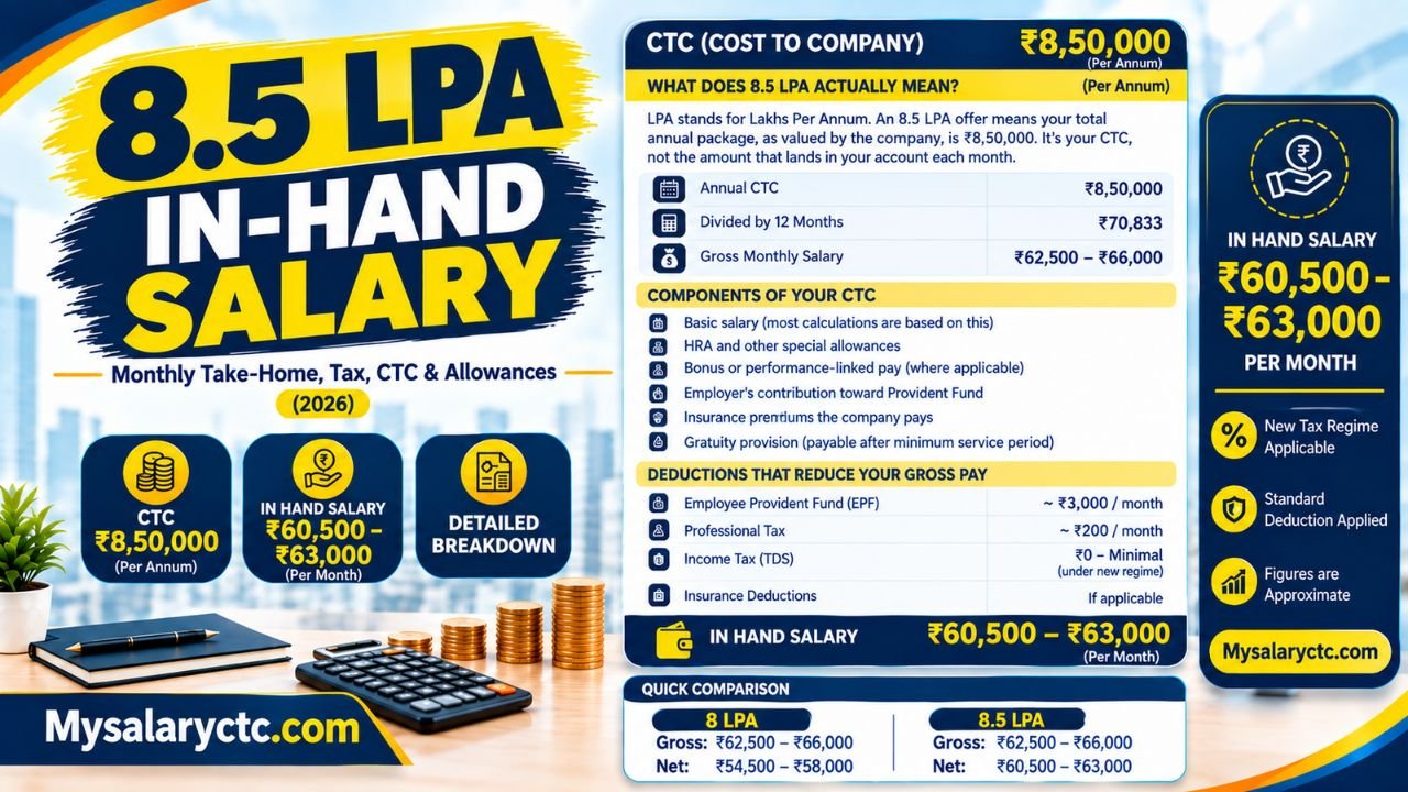 8.5 LPA In Hand Salary in India 2026: Monthly Take-Home, CTC Breakdown & Tax Calculation