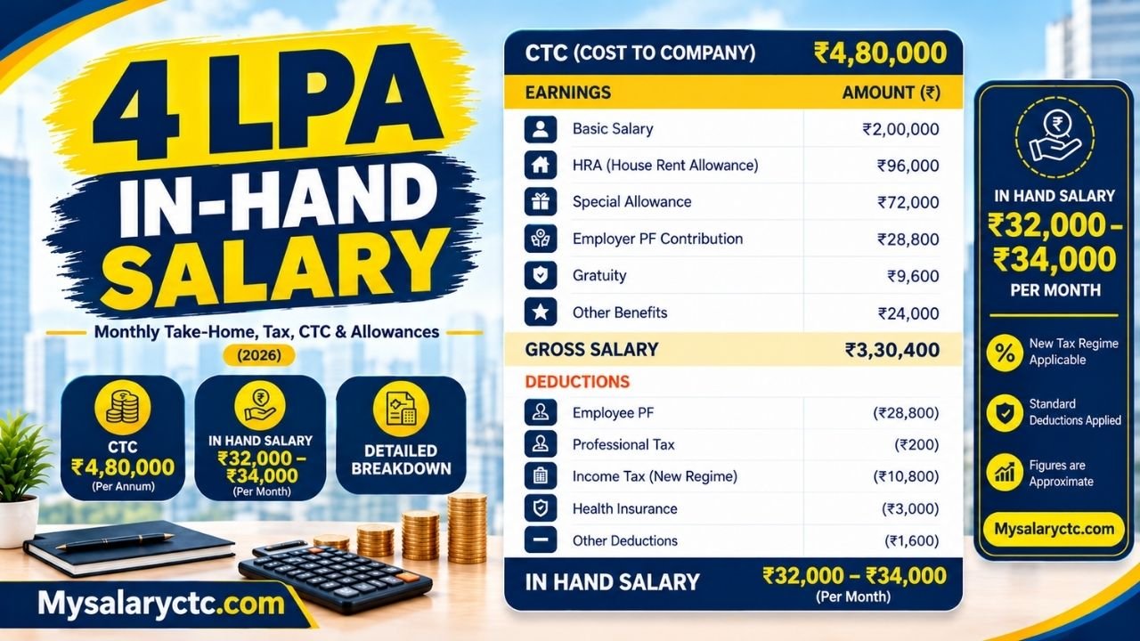 4 LPA In Hand Salary in India 2026: Monthly Take-Home, CTC, PF, Tax & Salary Breakdown