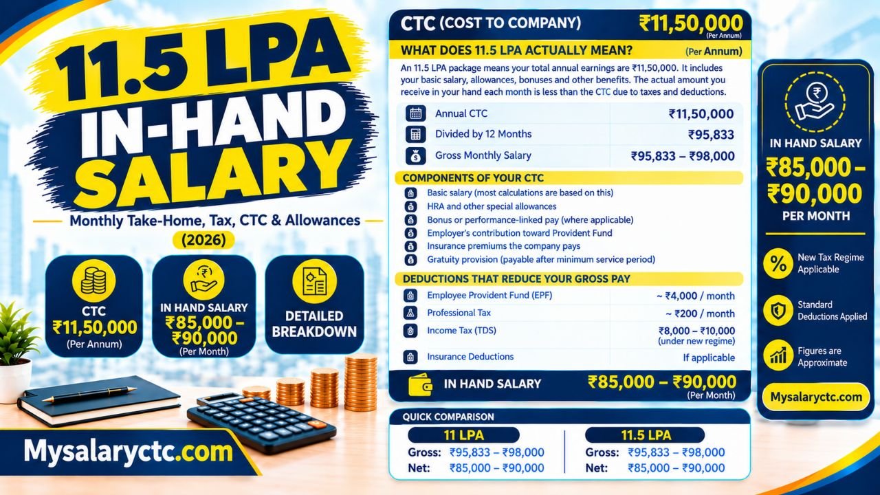 11.5 LPA In Hand Salary in India 2026: Monthly Take-Home, CTC, PF, Tax & Salary Breakdown