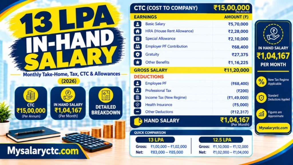 13 LPA In Hand Salary 2026: Monthly Take-Home & CTC Breakdown