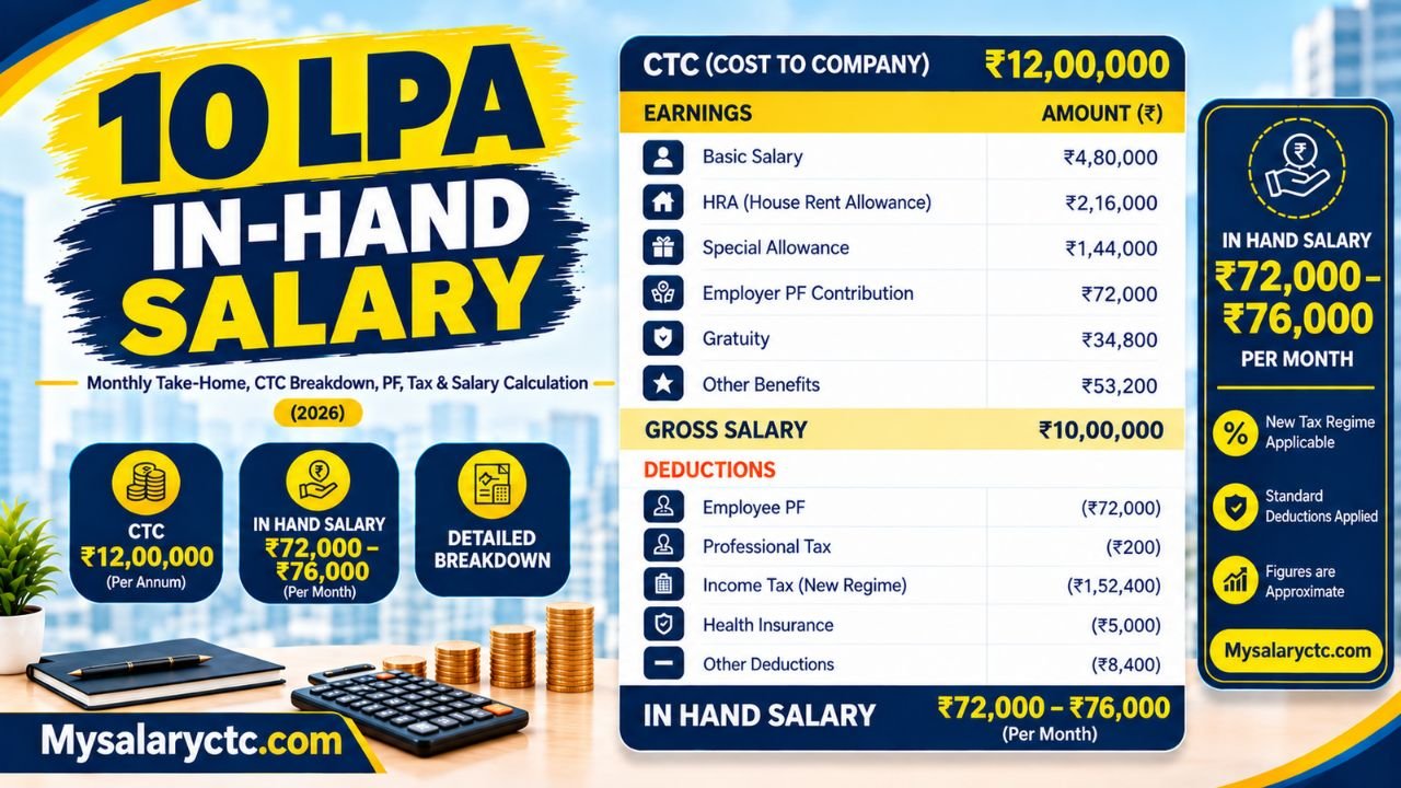 10 LPA In Hand Salary in India 2026: Monthly Take-Home, CTC Breakdown, PF, Tax & Salary Calculation